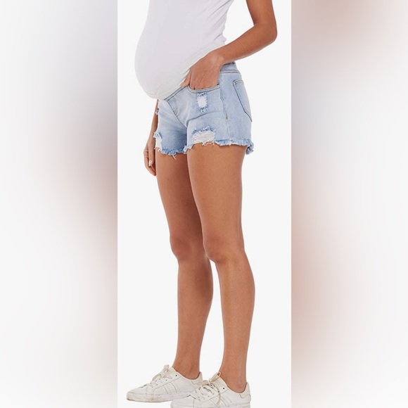 Maternity Light Denim Shorts Destructed - Picture 2 of 4